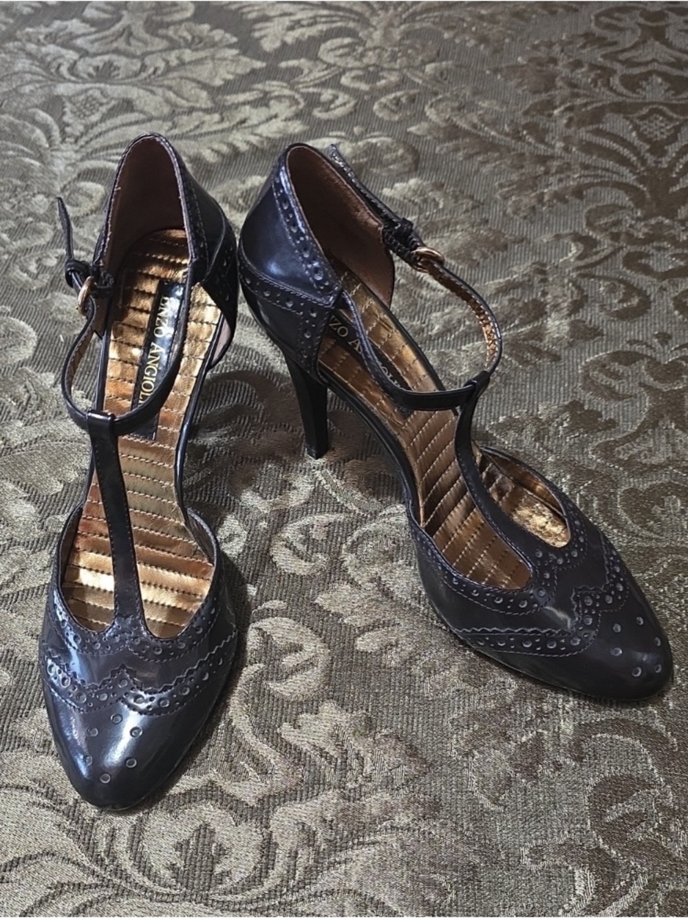 Enzo Angiolini Black T-Strap Brogue High Heels